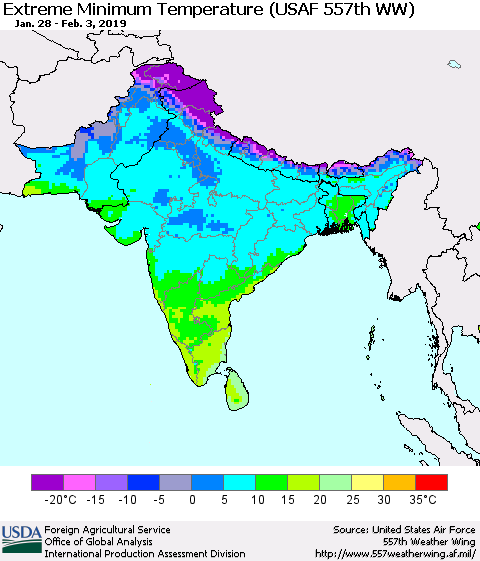 Southern Asia Minimum Daily Temperature (USAF 557th WW) Thematic Map For 1/28/2019 - 2/3/2019