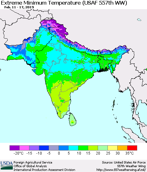 Southern Asia Minimum Daily Temperature (USAF 557th WW) Thematic Map For 2/11/2019 - 2/17/2019