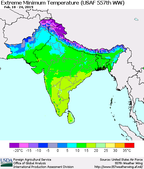 Southern Asia Minimum Daily Temperature (USAF 557th WW) Thematic Map For 2/18/2019 - 2/24/2019