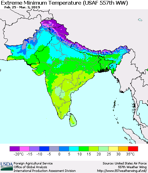 Southern Asia Minimum Daily Temperature (USAF 557th WW) Thematic Map For 2/25/2019 - 3/3/2019