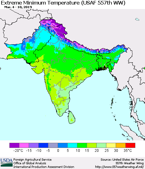 Southern Asia Minimum Daily Temperature (USAF 557th WW) Thematic Map For 3/4/2019 - 3/10/2019
