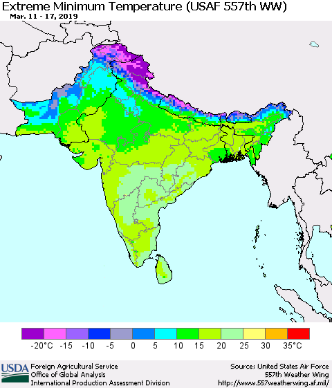 Southern Asia Minimum Daily Temperature (USAF 557th WW) Thematic Map For 3/11/2019 - 3/17/2019