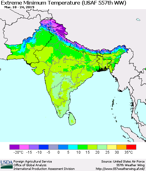 Southern Asia Minimum Daily Temperature (USAF 557th WW) Thematic Map For 3/18/2019 - 3/24/2019