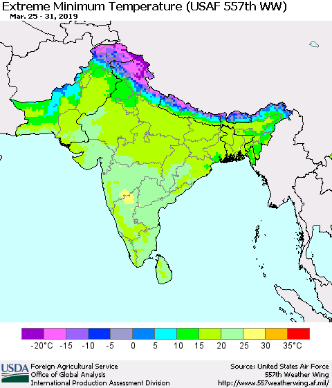 Southern Asia Minimum Daily Temperature (USAF 557th WW) Thematic Map For 3/25/2019 - 3/31/2019