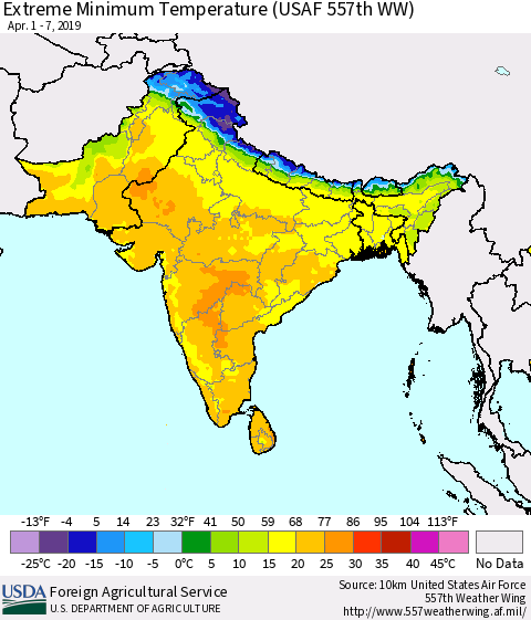 Southern Asia Minimum Daily Temperature (USAF 557th WW) Thematic Map For 4/1/2019 - 4/7/2019