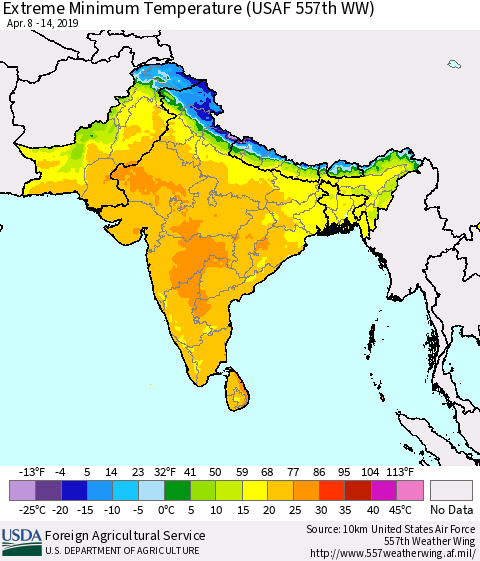 Southern Asia Minimum Daily Temperature (USAF 557th WW) Thematic Map For 4/8/2019 - 4/14/2019