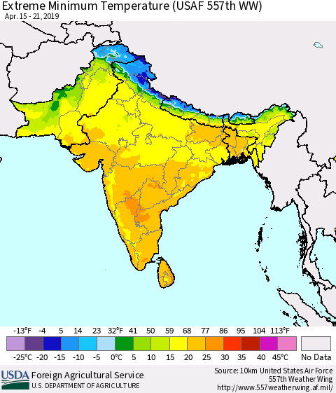 Southern Asia Minimum Daily Temperature (USAF 557th WW) Thematic Map For 4/15/2019 - 4/21/2019