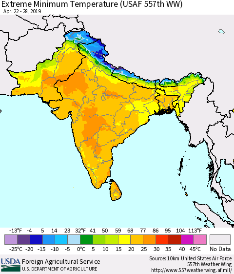 Southern Asia Minimum Daily Temperature (USAF 557th WW) Thematic Map For 4/22/2019 - 4/28/2019