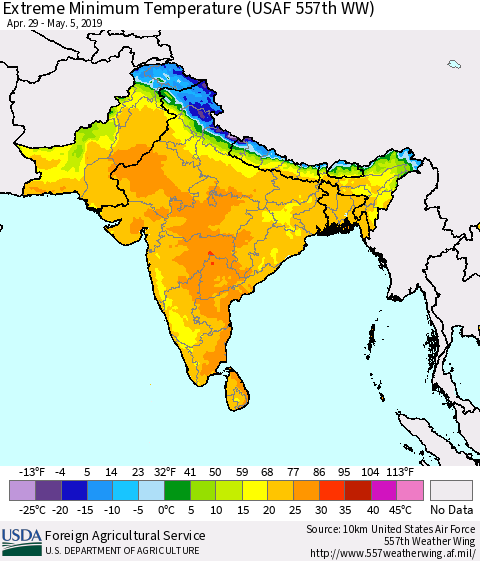 Southern Asia Minimum Daily Temperature (USAF 557th WW) Thematic Map For 4/29/2019 - 5/5/2019