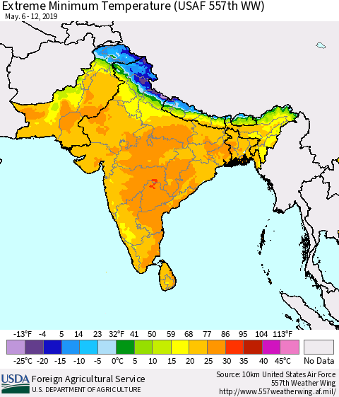 Southern Asia Extreme Minimum Temperature (USAF 557th WW) Thematic Map For 5/6/2019 - 5/12/2019