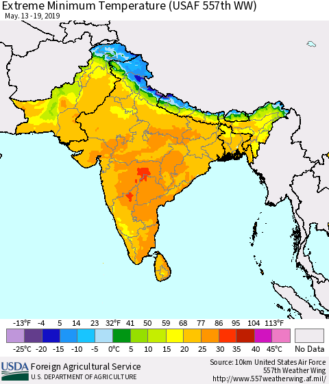 Southern Asia Minimum Daily Temperature (USAF 557th WW) Thematic Map For 5/13/2019 - 5/19/2019