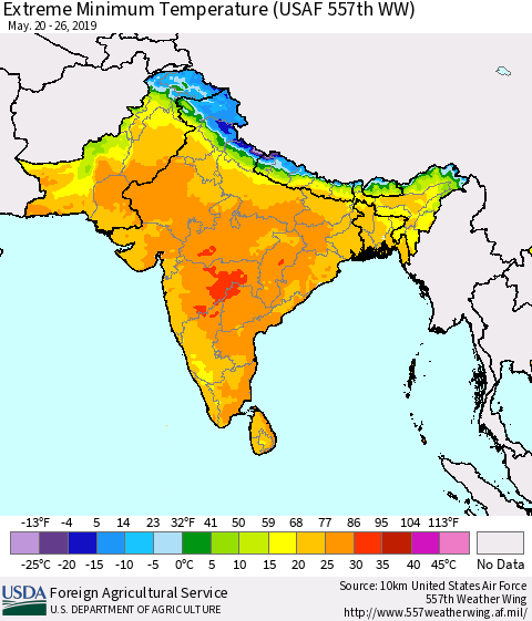 Southern Asia Extreme Minimum Temperature (USAF 557th WW) Thematic Map For 5/20/2019 - 5/26/2019