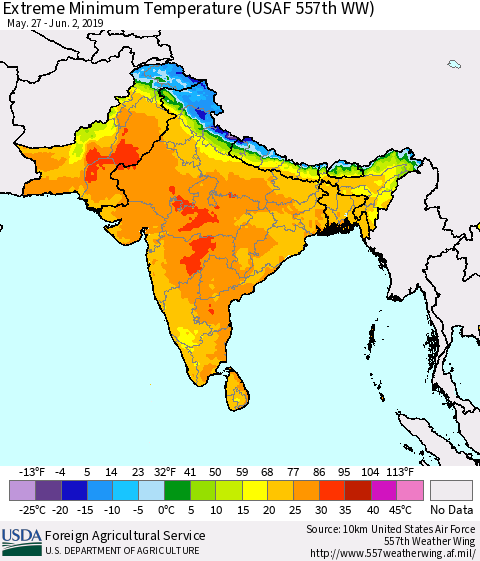 Southern Asia Minimum Daily Temperature (USAF 557th WW) Thematic Map For 5/27/2019 - 6/2/2019