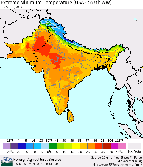 Southern Asia Extreme Minimum Temperature (USAF 557th WW) Thematic Map For 6/3/2019 - 6/9/2019
