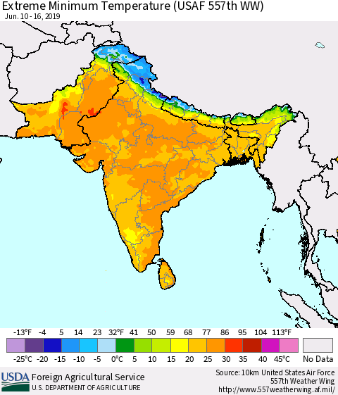 Southern Asia Minimum Daily Temperature (USAF 557th WW) Thematic Map For 6/10/2019 - 6/16/2019