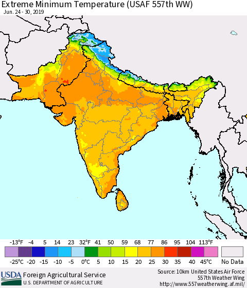 Southern Asia Extreme Minimum Temperature (USAF 557th WW) Thematic Map For 6/24/2019 - 6/30/2019