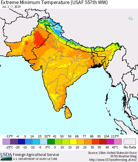 Southern Asia Extreme Minimum Temperature (USAF 557th WW) Thematic Map For 7/1/2019 - 7/7/2019