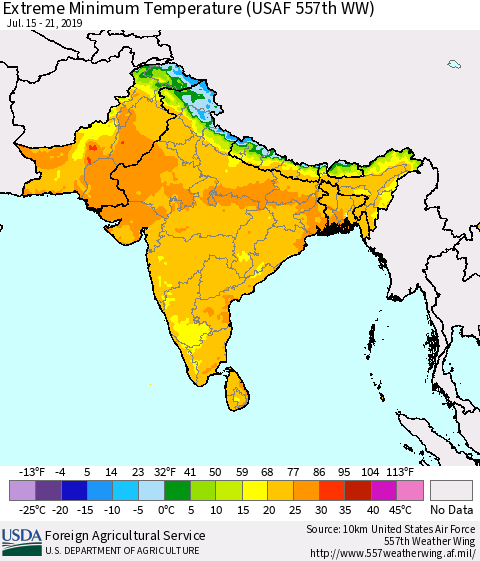Southern Asia Extreme Minimum Temperature (USAF 557th WW) Thematic Map For 7/15/2019 - 7/21/2019
