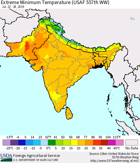 Southern Asia Minimum Daily Temperature (USAF 557th WW) Thematic Map For 7/22/2019 - 7/28/2019
