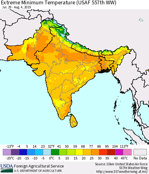 Southern Asia Minimum Daily Temperature (USAF 557th WW) Thematic Map For 7/29/2019 - 8/4/2019