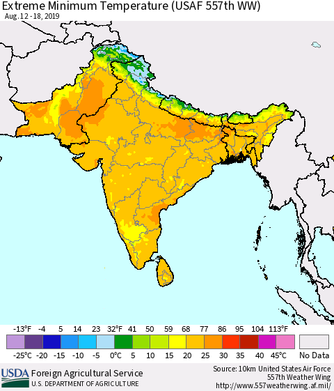 Southern Asia Extreme Minimum Temperature (USAF 557th WW) Thematic Map For 8/12/2019 - 8/18/2019