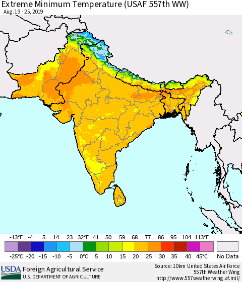 Southern Asia Minimum Daily Temperature (USAF 557th WW) Thematic Map For 8/19/2019 - 8/25/2019