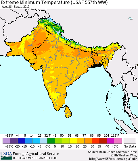 Southern Asia Extreme Minimum Temperature (USAF 557th WW) Thematic Map For 8/26/2019 - 9/1/2019