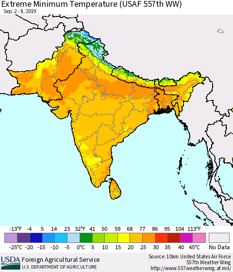 Southern Asia Extreme Minimum Temperature (USAF 557th WW) Thematic Map For 9/2/2019 - 9/8/2019