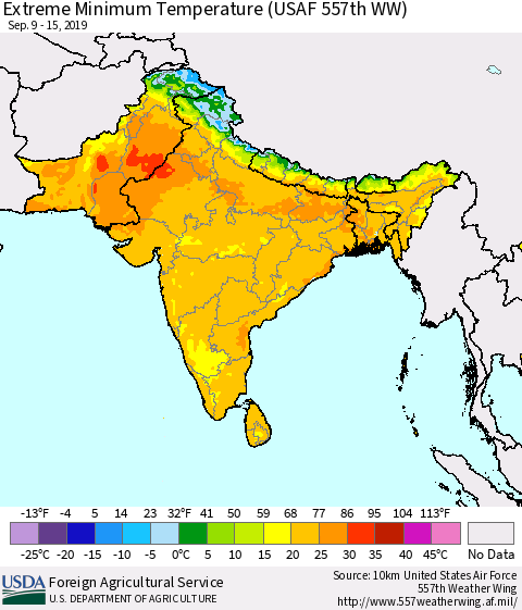 Southern Asia Extreme Minimum Temperature (USAF 557th WW) Thematic Map For 9/9/2019 - 9/15/2019