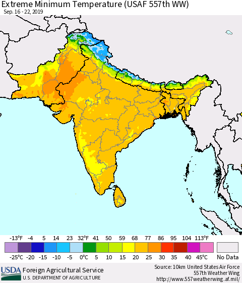 Southern Asia Minimum Daily Temperature (USAF 557th WW) Thematic Map For 9/16/2019 - 9/22/2019