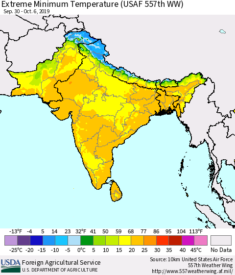 Southern Asia Extreme Minimum Temperature (USAF 557th WW) Thematic Map For 9/30/2019 - 10/6/2019