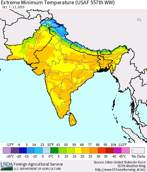 Southern Asia Minimum Daily Temperature (USAF 557th WW) Thematic Map For 10/7/2019 - 10/13/2019