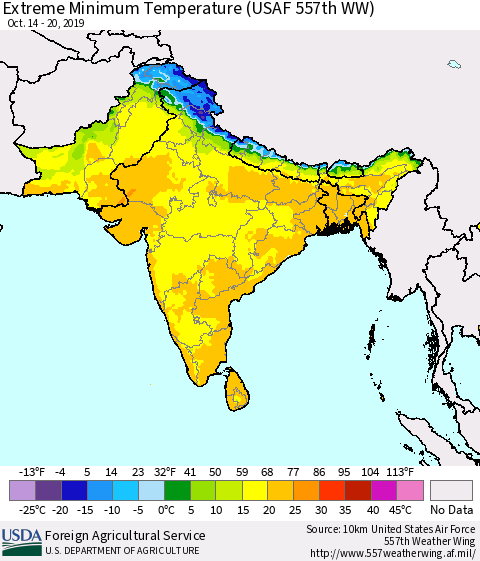 Southern Asia Extreme Minimum Temperature (USAF 557th WW) Thematic Map For 10/14/2019 - 10/20/2019
