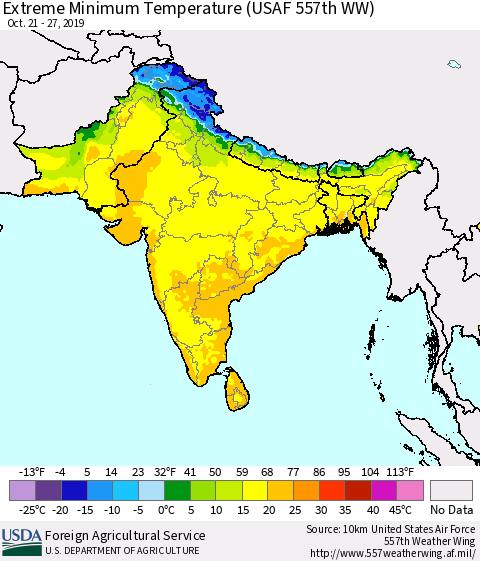 Southern Asia Minimum Daily Temperature (USAF 557th WW) Thematic Map For 10/21/2019 - 10/27/2019
