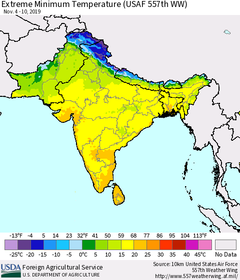Southern Asia Minimum Daily Temperature (USAF 557th WW) Thematic Map For 11/4/2019 - 11/10/2019