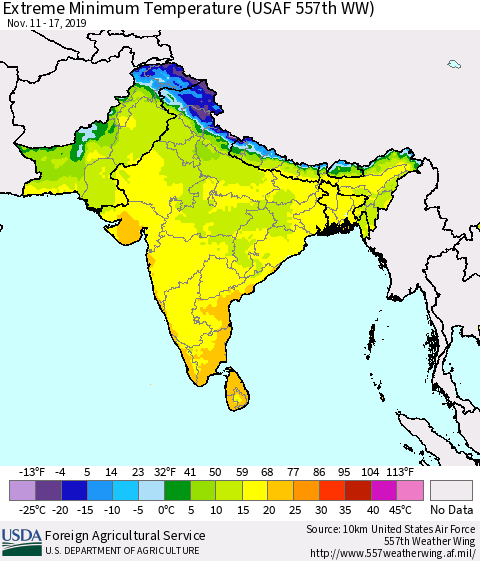 Southern Asia Minimum Daily Temperature (USAF 557th WW) Thematic Map For 11/11/2019 - 11/17/2019