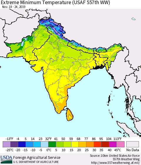 Southern Asia Minimum Daily Temperature (USAF 557th WW) Thematic Map For 11/18/2019 - 11/24/2019
