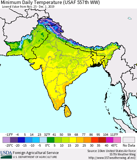 Southern Asia Minimum Daily Temperature (USAF 557th WW) Thematic Map For 11/25/2019 - 12/1/2019