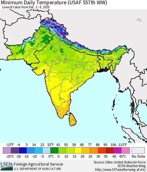 Southern Asia Minimum Daily Temperature (USAF 557th WW) Thematic Map For 12/2/2019 - 12/8/2019