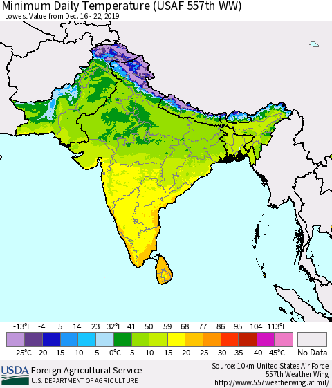Southern Asia Minimum Daily Temperature (USAF 557th WW) Thematic Map For 12/16/2019 - 12/22/2019