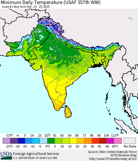 Southern Asia Minimum Daily Temperature (USAF 557th WW) Thematic Map For 12/23/2019 - 12/29/2019
