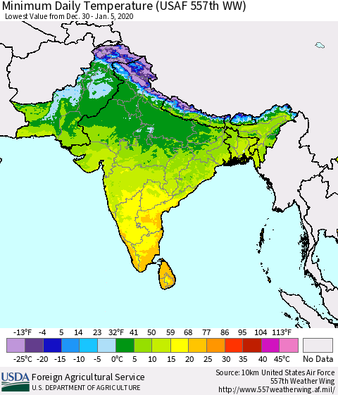Southern Asia Minimum Daily Temperature (USAF 557th WW) Thematic Map For 12/30/2019 - 1/5/2020
