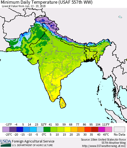 Southern Asia Minimum Daily Temperature (USAF 557th WW) Thematic Map For 1/13/2020 - 1/19/2020