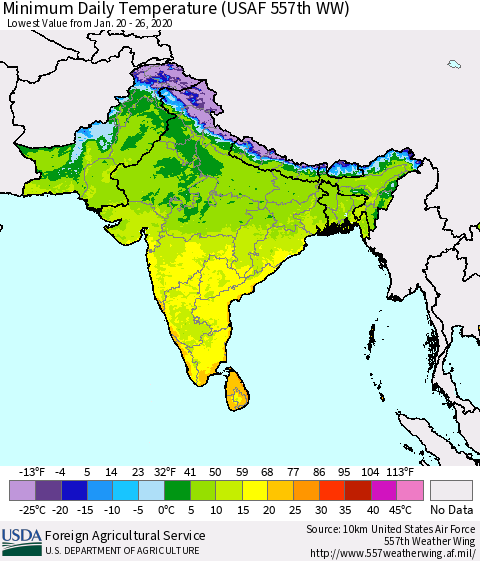 Southern Asia Minimum Daily Temperature (USAF 557th WW) Thematic Map For 1/20/2020 - 1/26/2020