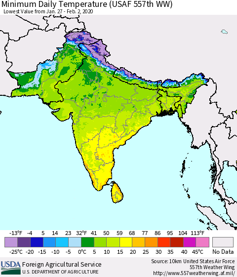 Southern Asia Minimum Daily Temperature (USAF 557th WW) Thematic Map For 1/27/2020 - 2/2/2020