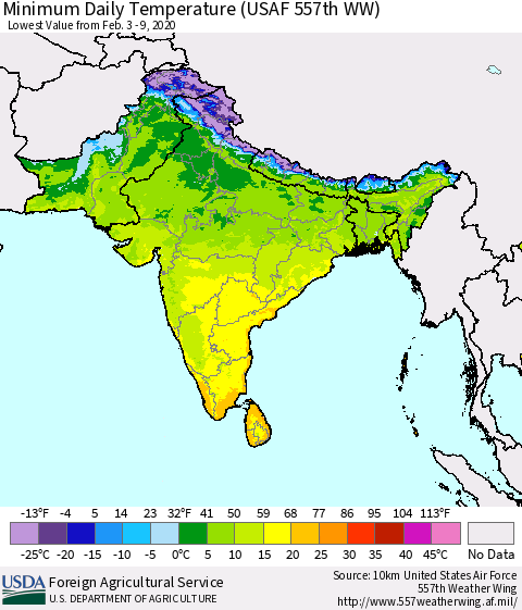 Southern Asia Minimum Daily Temperature (USAF 557th WW) Thematic Map For 2/3/2020 - 2/9/2020