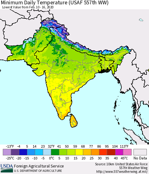 Southern Asia Minimum Daily Temperature (USAF 557th WW) Thematic Map For 2/10/2020 - 2/16/2020
