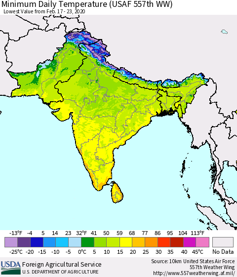 Southern Asia Minimum Daily Temperature (USAF 557th WW) Thematic Map For 2/17/2020 - 2/23/2020