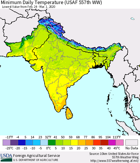 Southern Asia Minimum Daily Temperature (USAF 557th WW) Thematic Map For 2/24/2020 - 3/1/2020