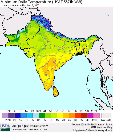 Southern Asia Minimum Daily Temperature (USAF 557th WW) Thematic Map For 3/9/2020 - 3/15/2020